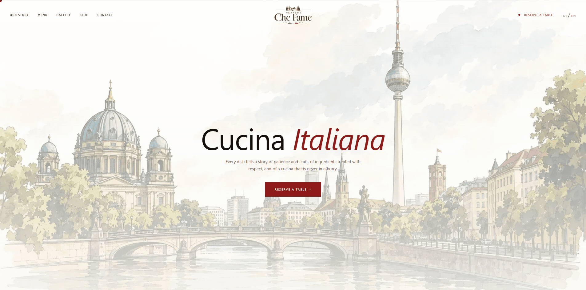 The Trattoria Che Fame website, with a watercolour Berlin skyline and a Reserve a table button
