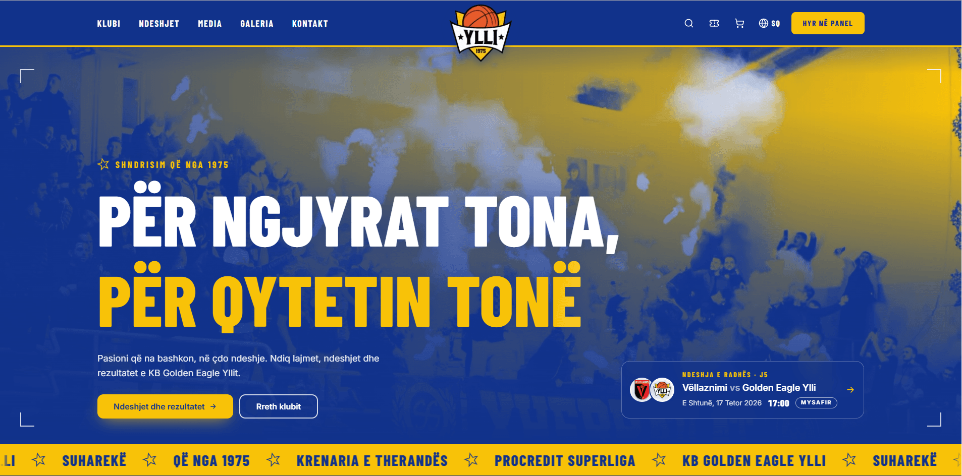 The KB Golden Eagle Ylli website, in the club’s blue and yellow