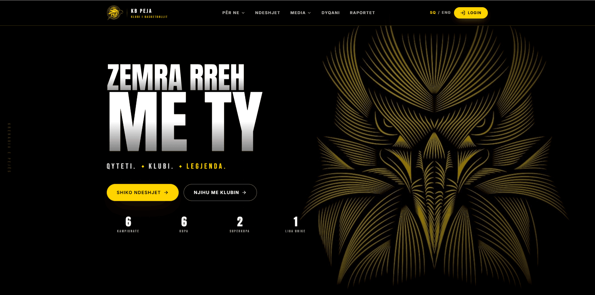 The KB Peja website, with the club’s golden eagle emblem and the headline Zemra rreh me ty