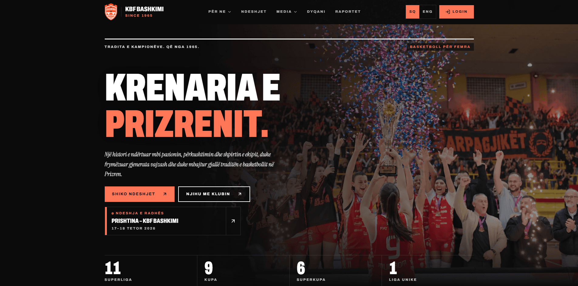 The KBF Bashkimi website, showing the team lifting a trophy