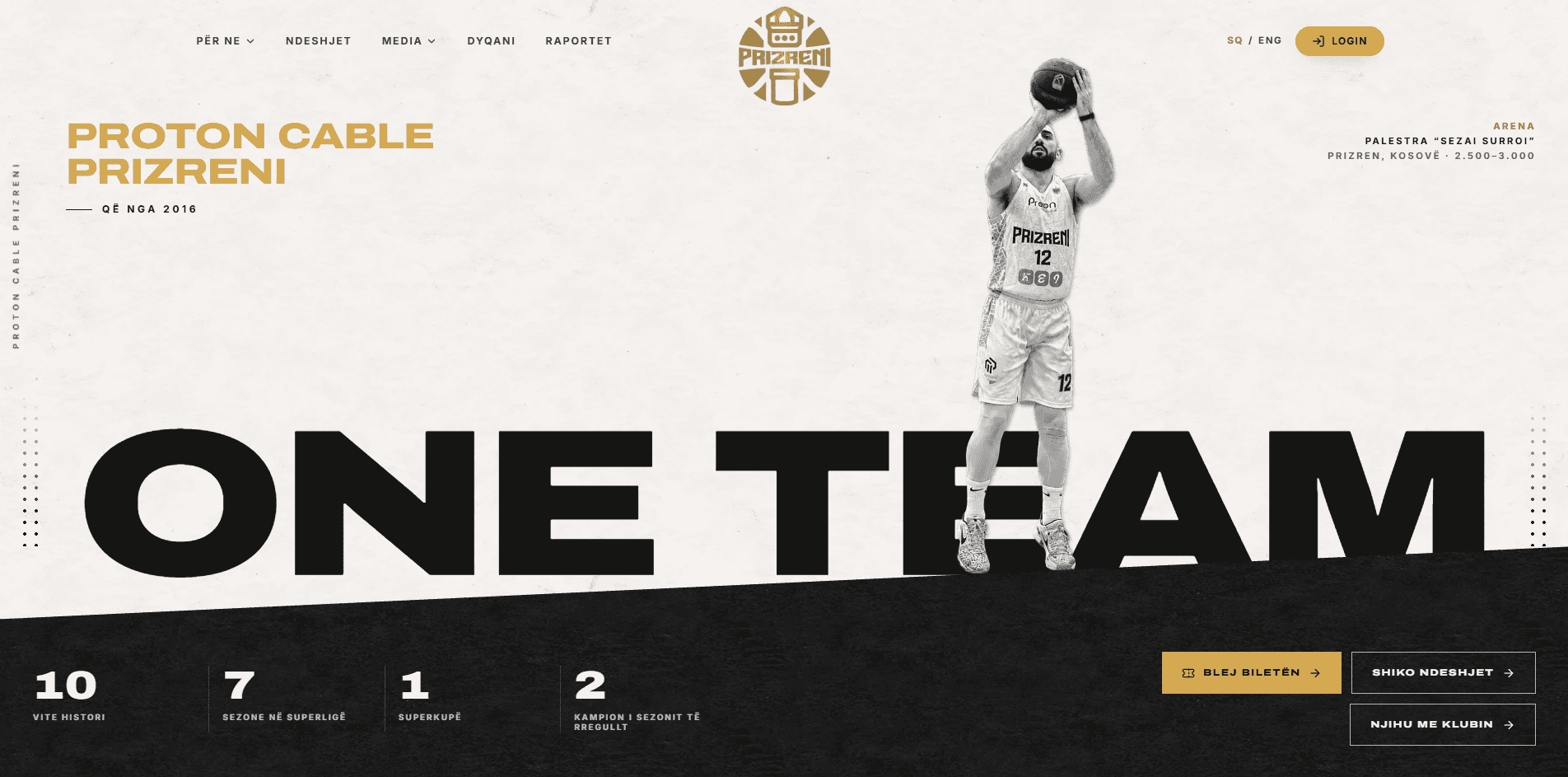 The One Team Prizreni website, with a player shooting behind the headline One Team