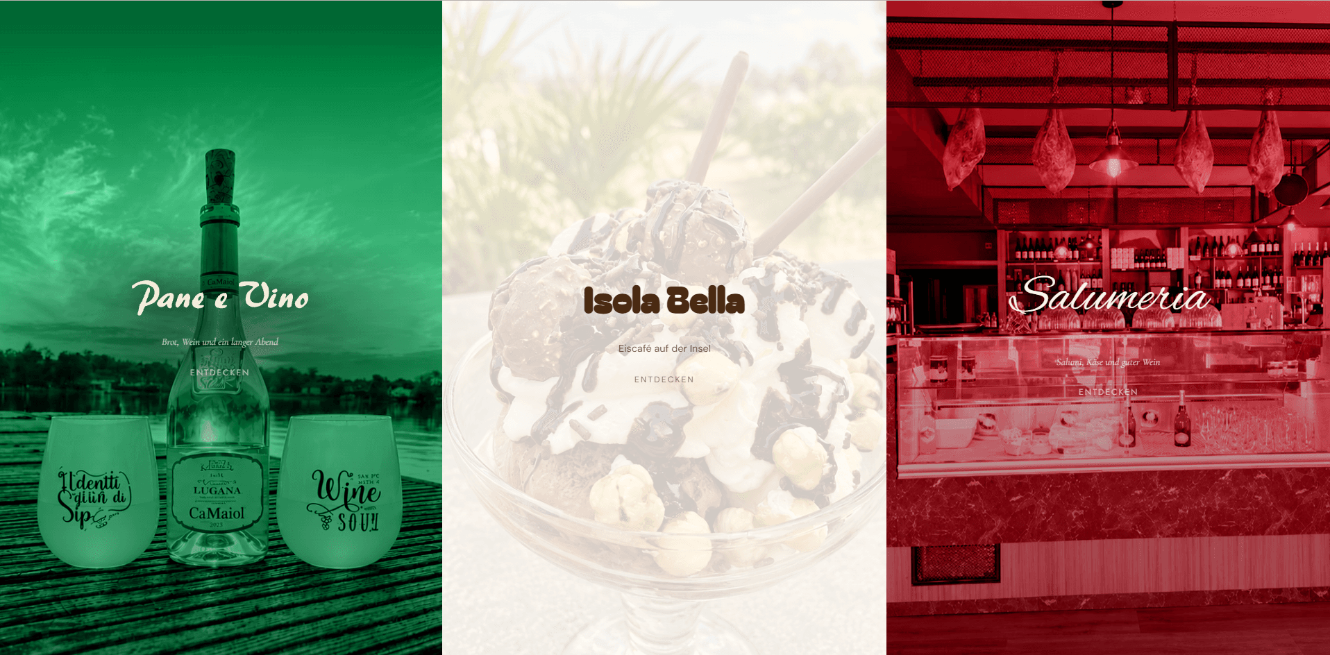 The Pane e Vino website, showing its three venues: Pane e Vino, Isola Bella and Salumeria